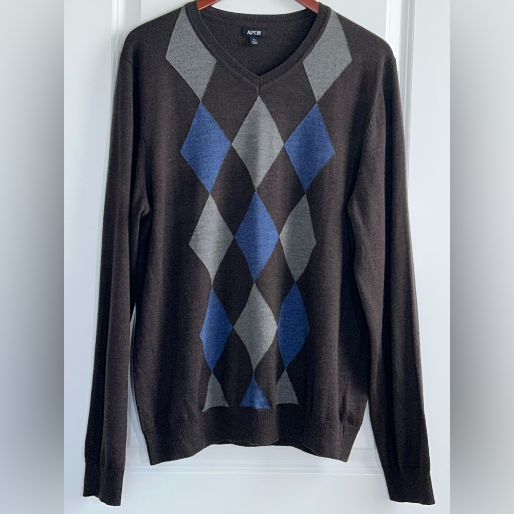 Apt. 9 Argyle V-Neck Sweater, X-Large, Brown, Blue & Gray